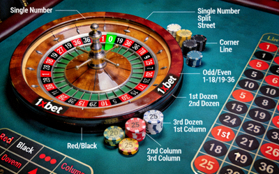 1xbet 歐洲輪盤遊戲畫面，展示輪盤、籌碼與各種內外部下注區域的詳細標示