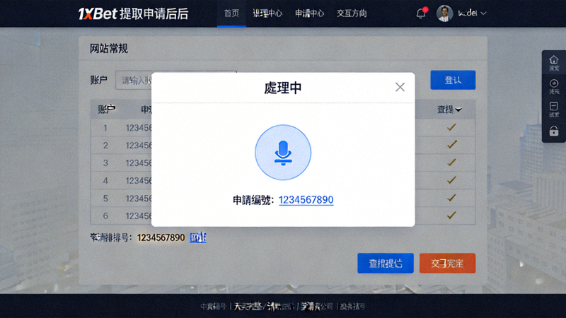 1xbet 提款申請提交後頁面截圖，顯示處理中狀態與申請編號