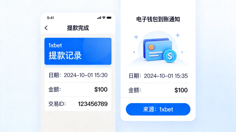 1xbet 提款完成記錄截圖與電子錢包到帳通知示意圖