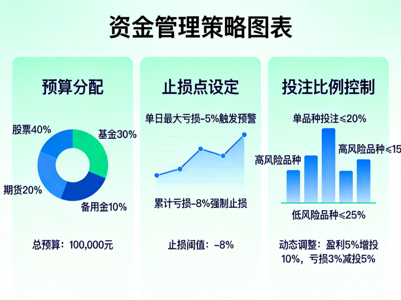 資金管理策略圖表，以視覺化方式展示預算分配、止損點設定與投注比例控制的範例與流程